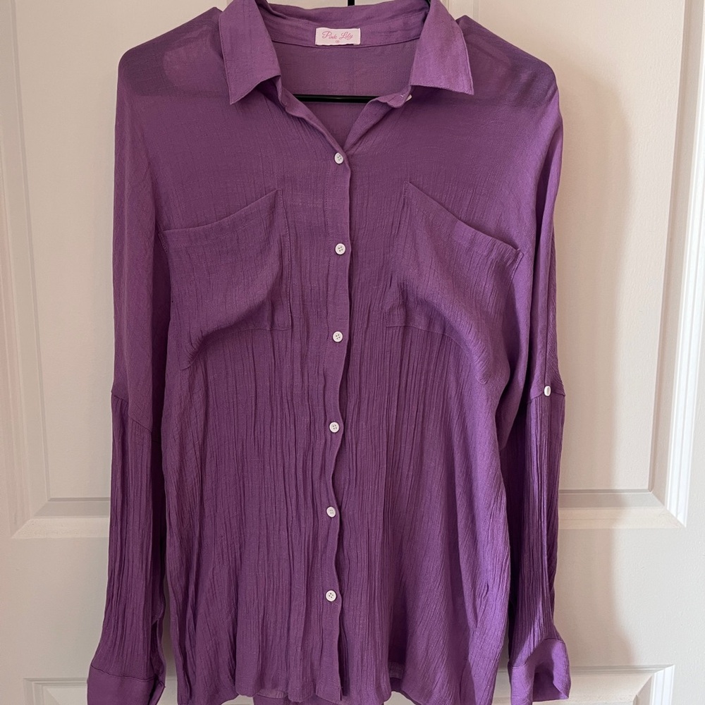 Pink Lily Purple Notched Collar Button Down Shirt